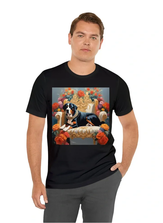 Great swiss mountain dog lady with a crown and cape on a throne and lots of big flowers