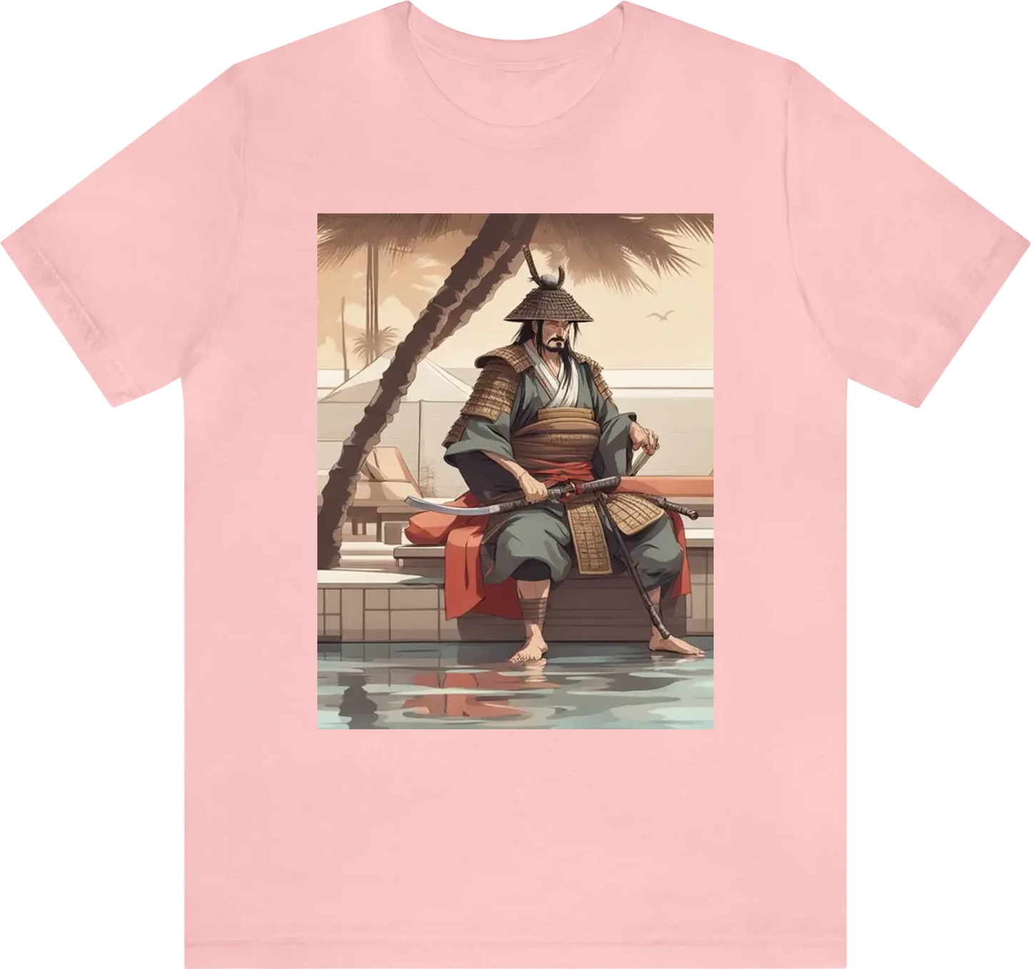 Ancient samurai warrior on holiday relaxing by the pool