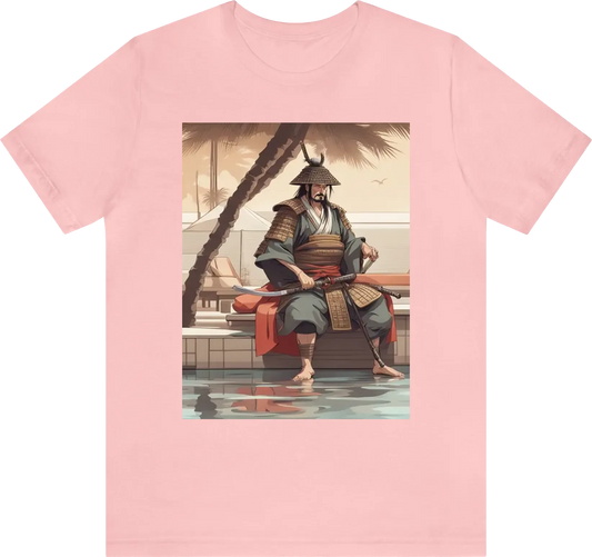 Ancient samurai warrior on holiday relaxing by the pool