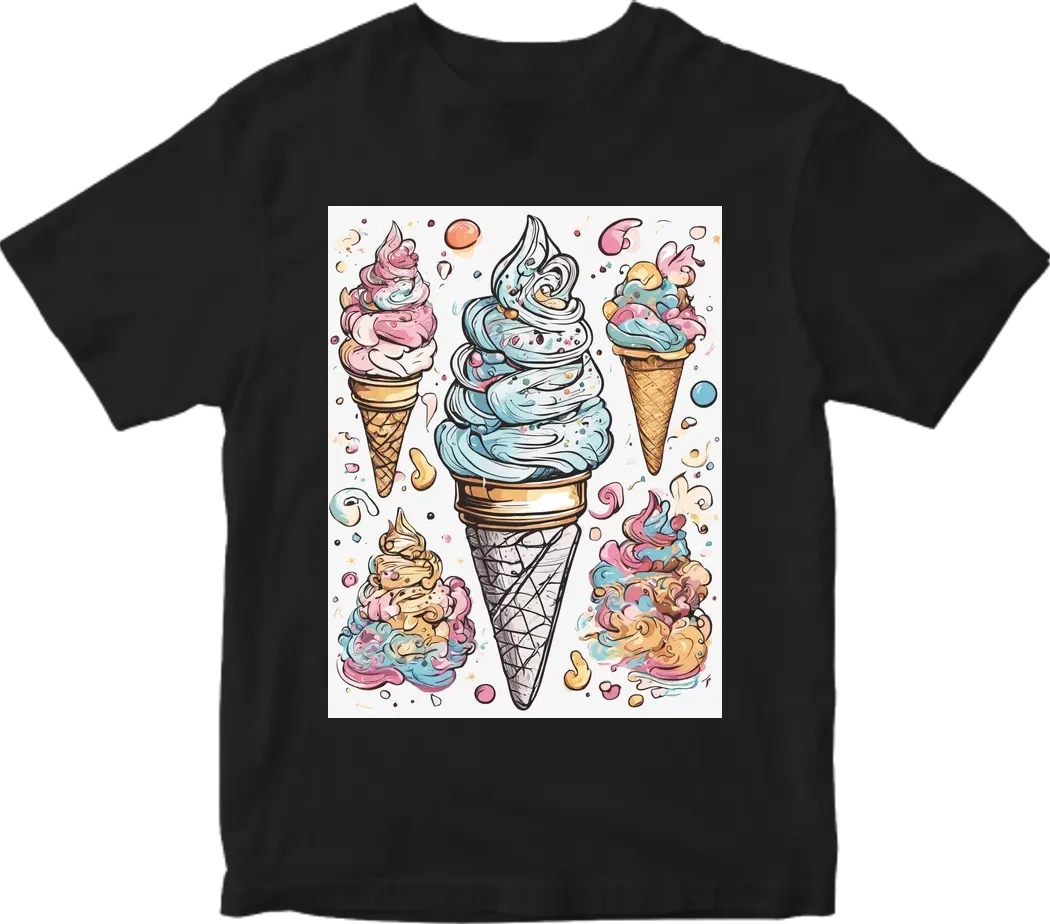Scrumptious ice cream cone, doodle style, metalic mood, creamy swirls and vibrant sprinkles. T-shirt design graphic, vector, contour, white background.