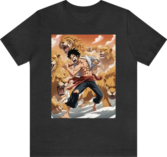 A man fighting lions, hi-def anime one piece style.