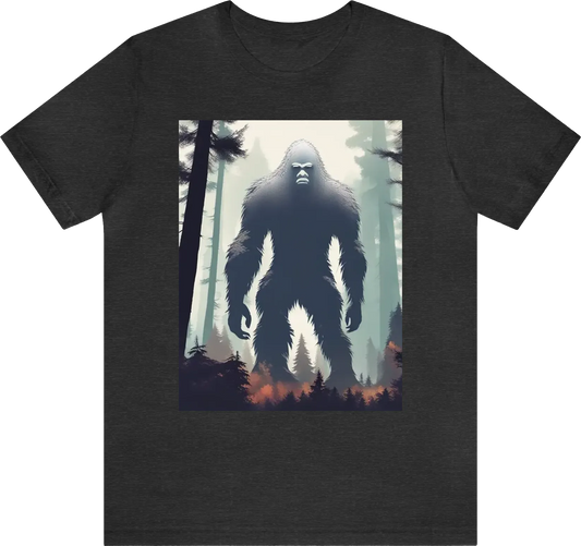 White sihouette ( outline) no image inside of sasquatch in the woods hiding behind a tree