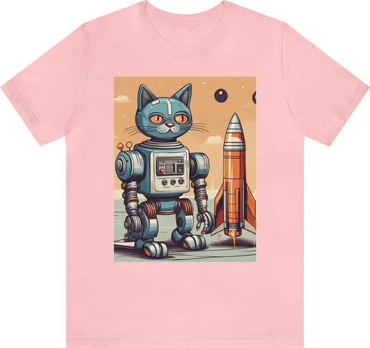Retro robot cat next to rocket