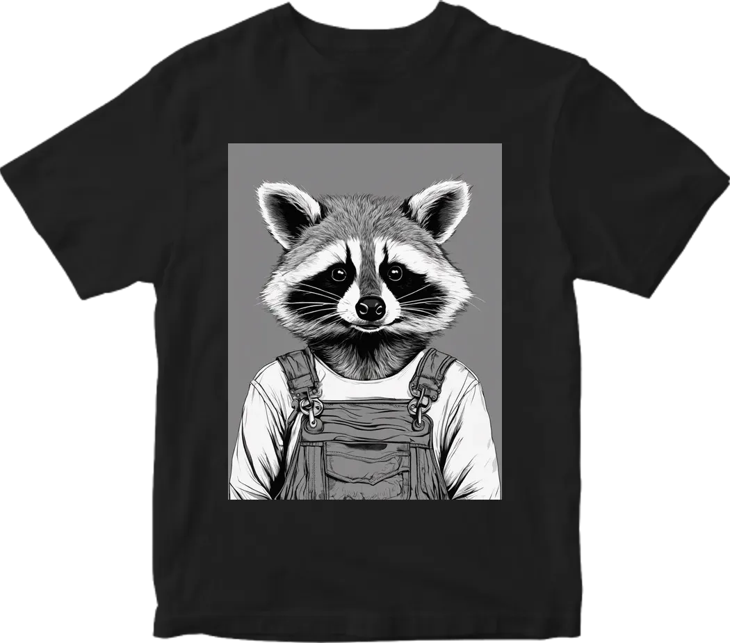 Racoon wearing overalls , realism style, T-shirt design graphic, vector, contour, white background.