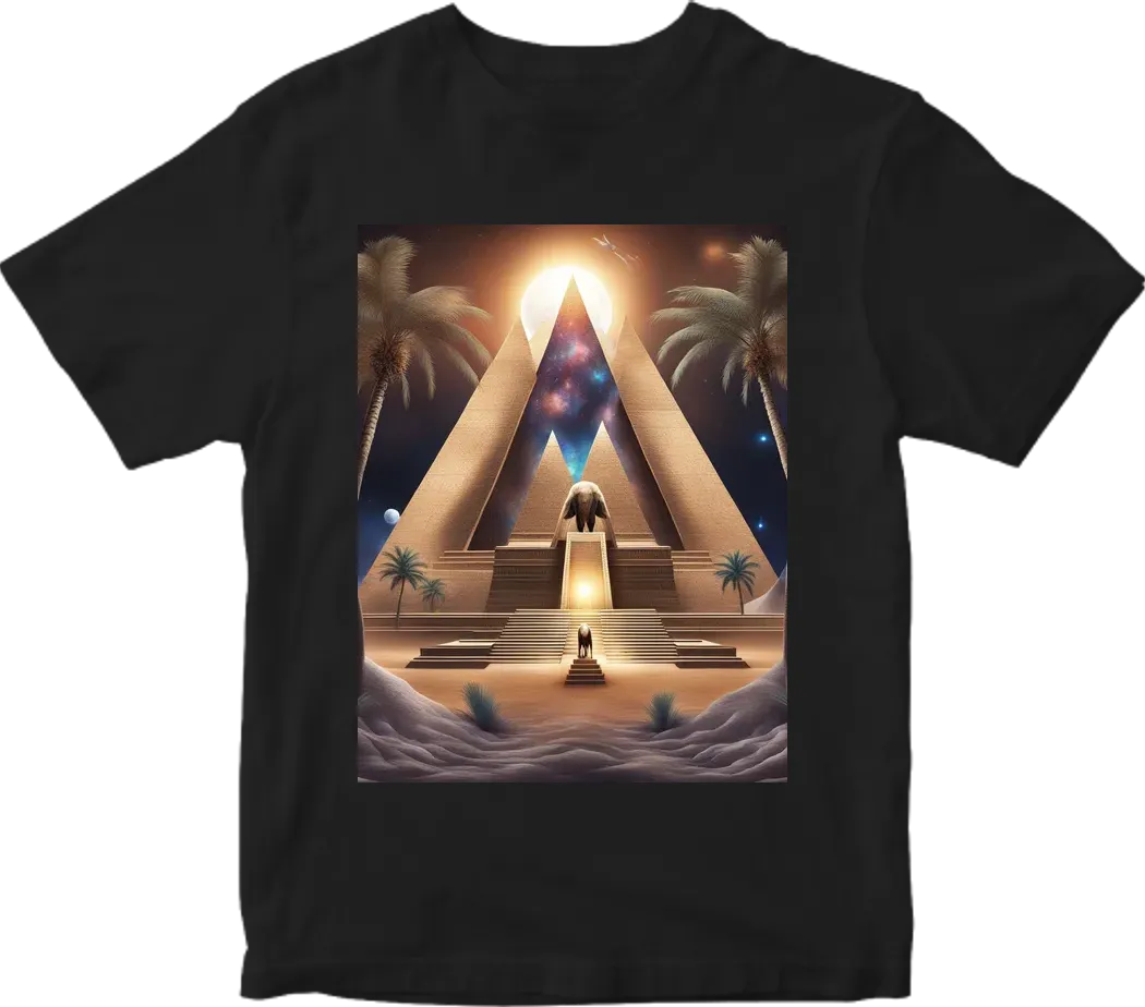 Thoth the atlantian in realistic cosmic deep space setting with Pyramids and palm tress and a touch