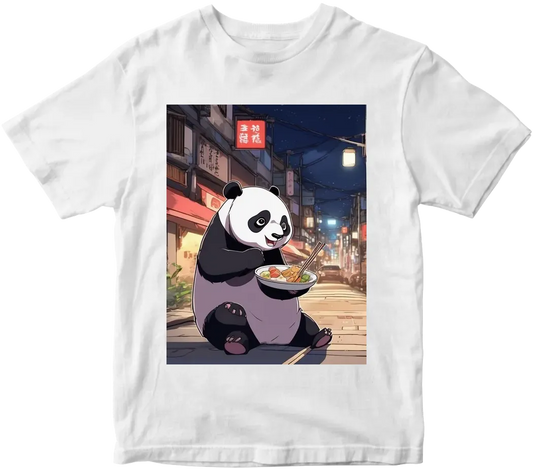 Anime panda eating foods on street by night back ground people take picture & seeing