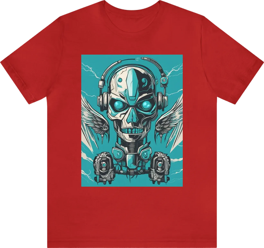 Robot with skull, metallic face, cyan lightning eyes, and wings flat colors for screen printing