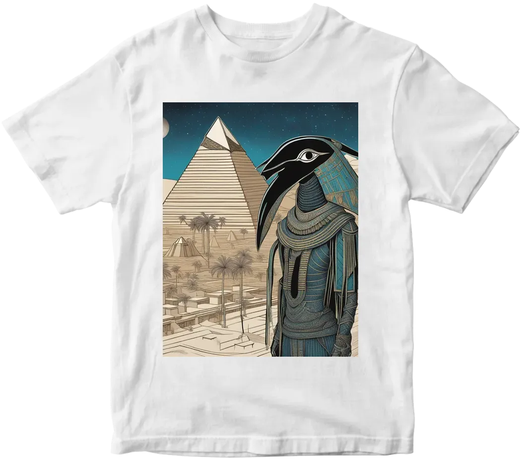 Thoth the atlantian with black finished beak dressed in armor  in realistic cosmic deep space setting over looking the building of the pyramids with Pyramids and palm tress and a touch