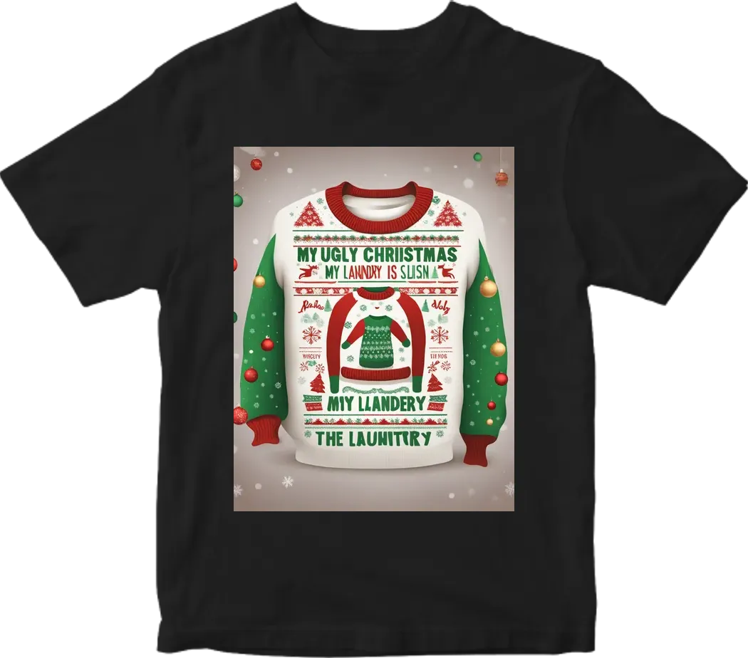 Create me a ugly christmas sweater design with the text saying "My Ugly Christmas Sweater is in the laundry"