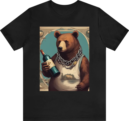 Bear with chain on it neck, classic with fish in is hand and wine bottle in the other hand