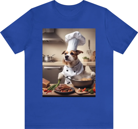 A dog wearing a chef's hat and cooking a gourmet meal