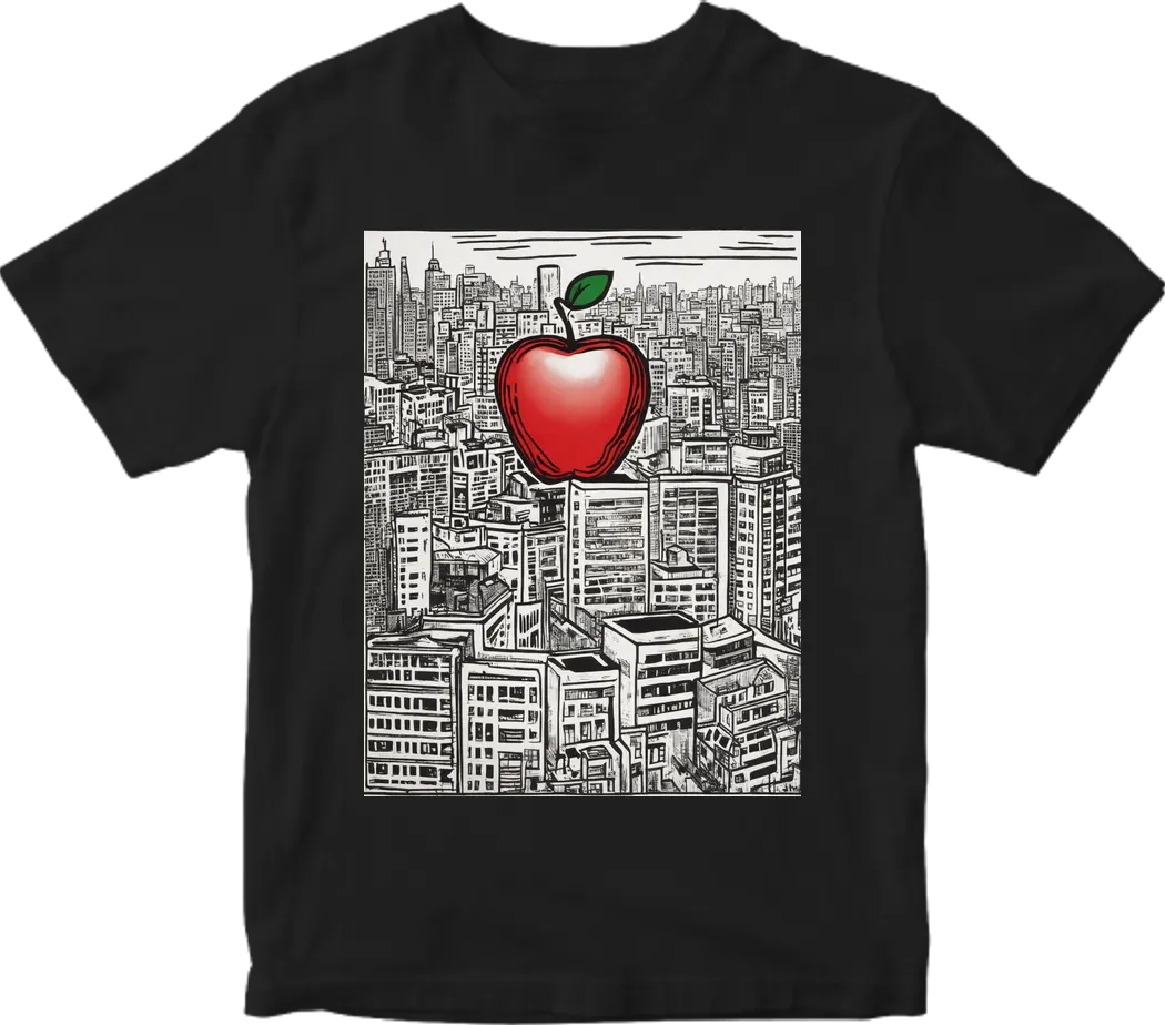 Big red apple, new york city background,  art by keith haring