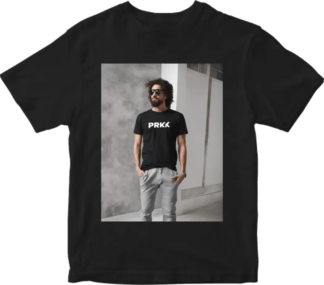 Black tshirt with minimalistic “PRKR” as logo in white or grey letter. use three lines to make tshirt look cool