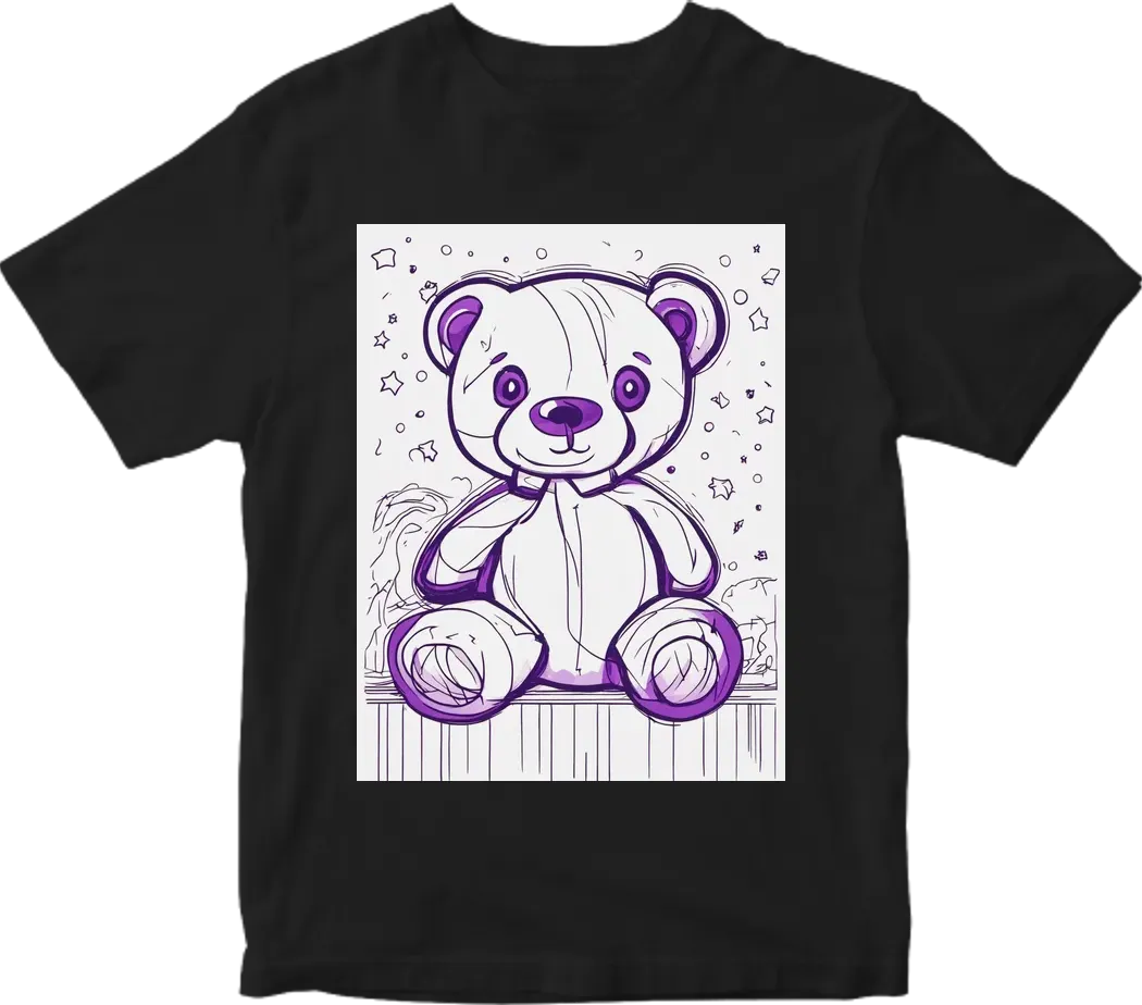 Teddy bear, creeppy, outlined, lines are purple, not colored inside