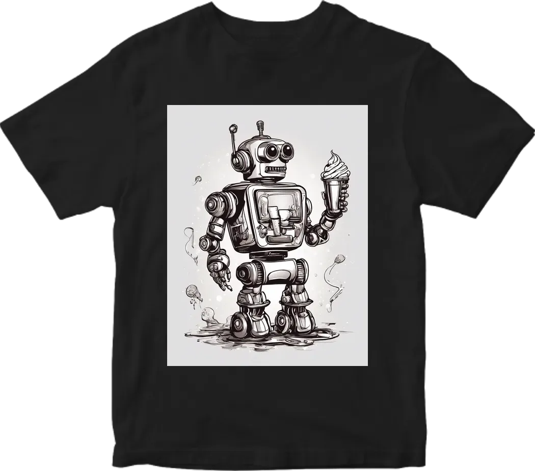 robot enjoying ice cream , futuristic style, steampunk mood, T-shirt design graphic, vector, contour, white background, no hard edges border.