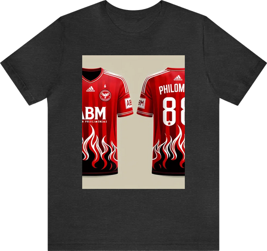 Red flame jersey design with "philomena" written at middle and at the back "ABM"
