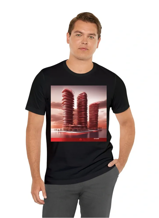 You are an architectural design expert with a specialization in creating structures that reflect environmental and thematic conditions. I am working on a concept for a skyscraper that should integrate the visual impact of a red sky atmosphere, a result of