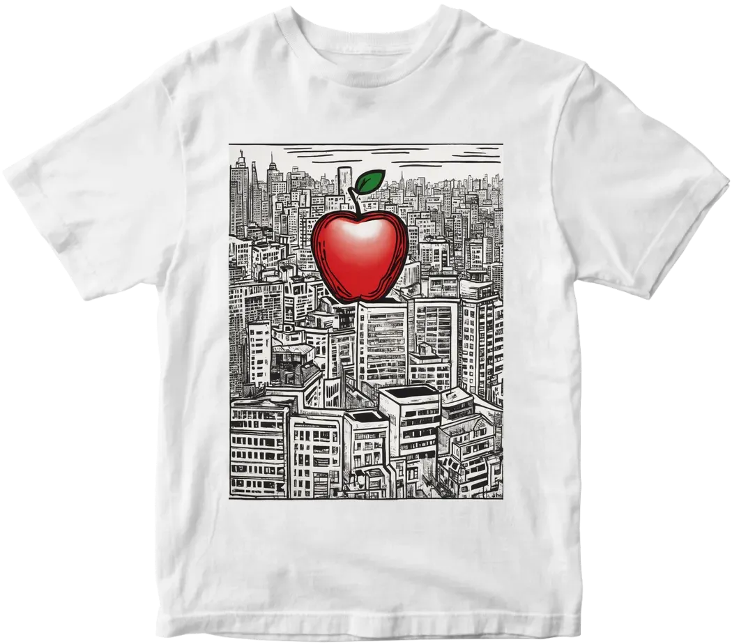 Big red apple, new york city background,  art by keith haring