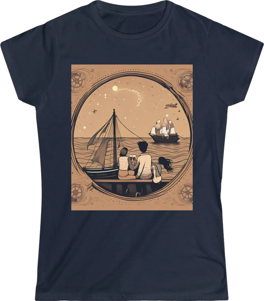 The texture of the kraft paper color background, within the frame around the center circle, there are cute young lovers having a drink under the starry sky on the deck of the schooner pirate ship, which is a line style. This is the cover design of an A5 n