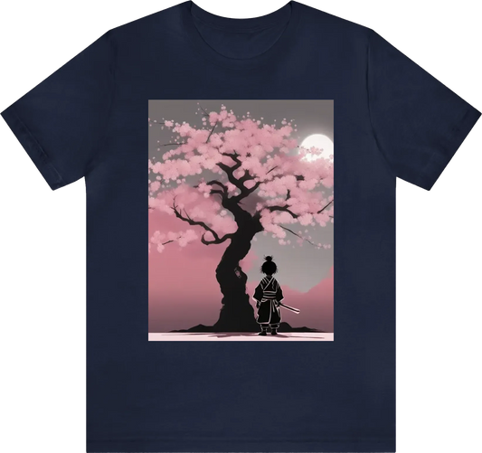 Shadow of a child black samurai standing in front of a cherry blossom tree