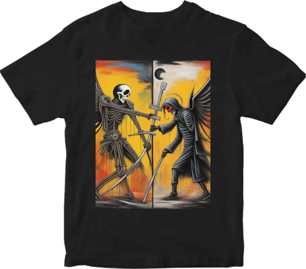 Angel wielding holy cross vs grim reaper wielding scythe facing each other in combat using with ying yang symbol