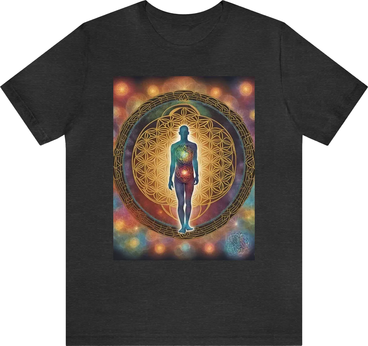 In the centre of the tshirt feature the flower of life in colour with a human stood verically threw the flower of life with a radiant light coming from the chest of the human surrounded by the 7 charakas in colour