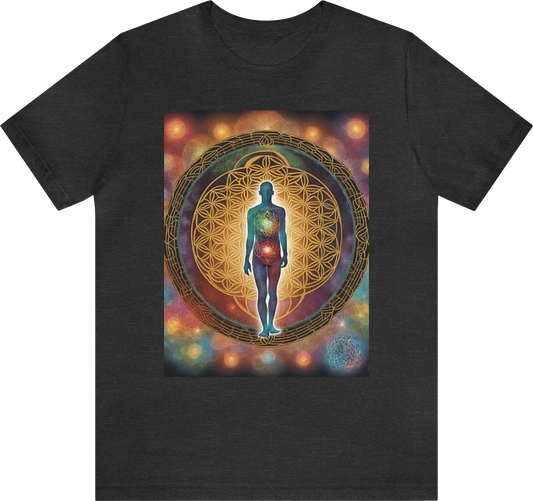 In the centre of the tshirt feature the flower of life in colour with a human stood verically threw the flower of life with a radiant light coming from the chest of the human surrounded by the 7 charakas in colour