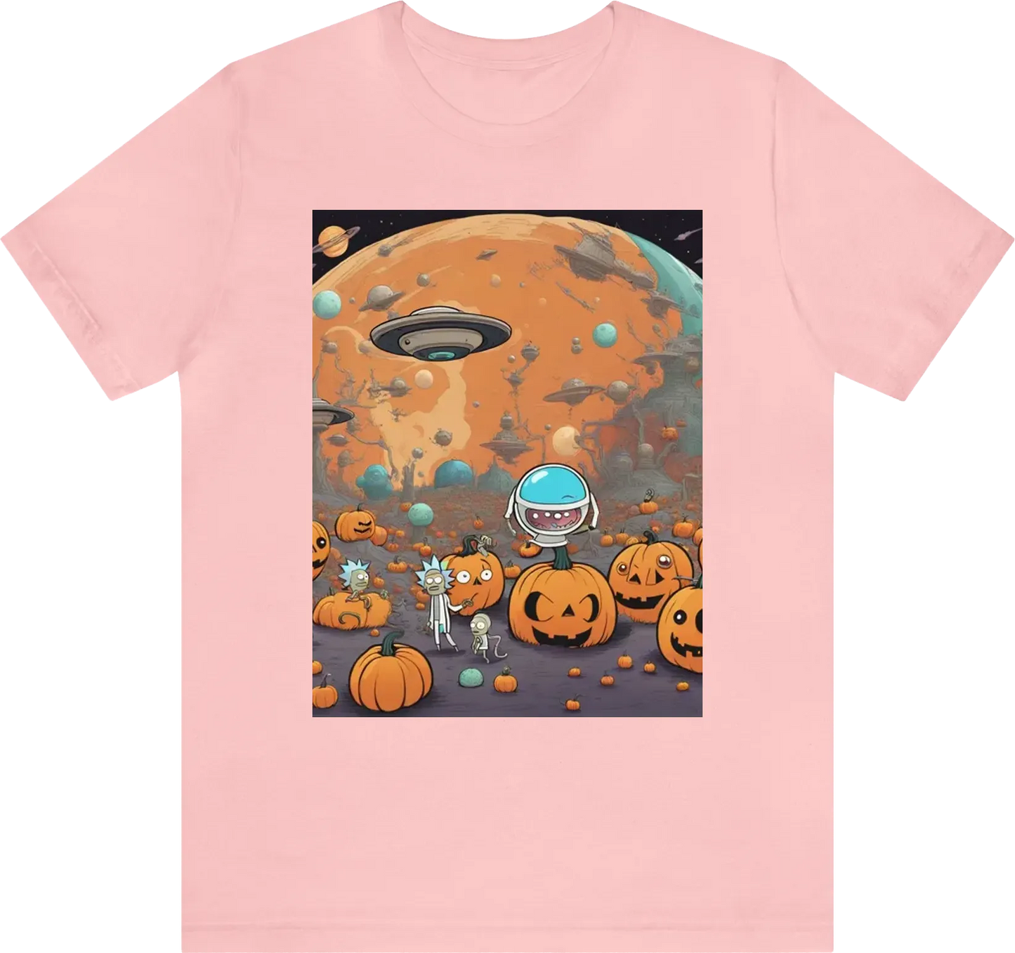"Create a vivid and imaginative pumpkin universe image inspired by the wacky world of 'Rick and Morty.' Picture a pumpkin-shaped planet floating in space, populated by bizarre pumpkin creatures, and infused with the show's unique humor and sci-fi elements