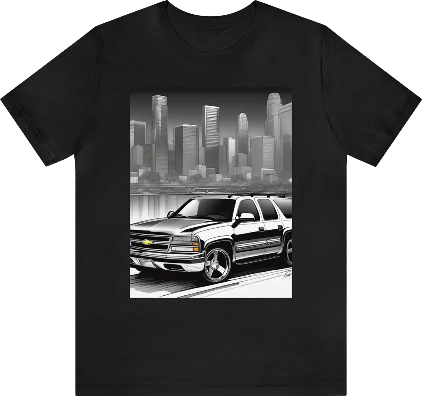 Lowered 2001  black chevy tahoe on shiny chrome rims with the downtown los Angeles skyline, comic, 8k, 4k