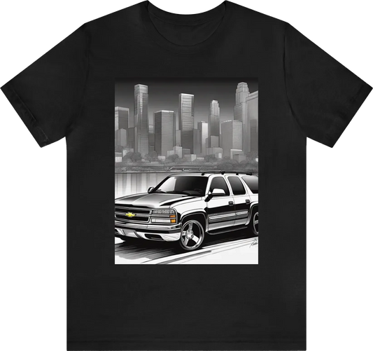 Lowered 2001  black chevy tahoe on shiny chrome rims with the downtown los Angeles skyline, comic, 8k, 4k