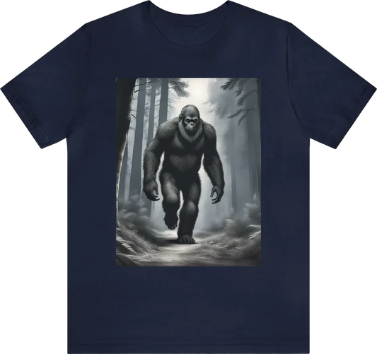 realistic scary bigfoot walking through forest