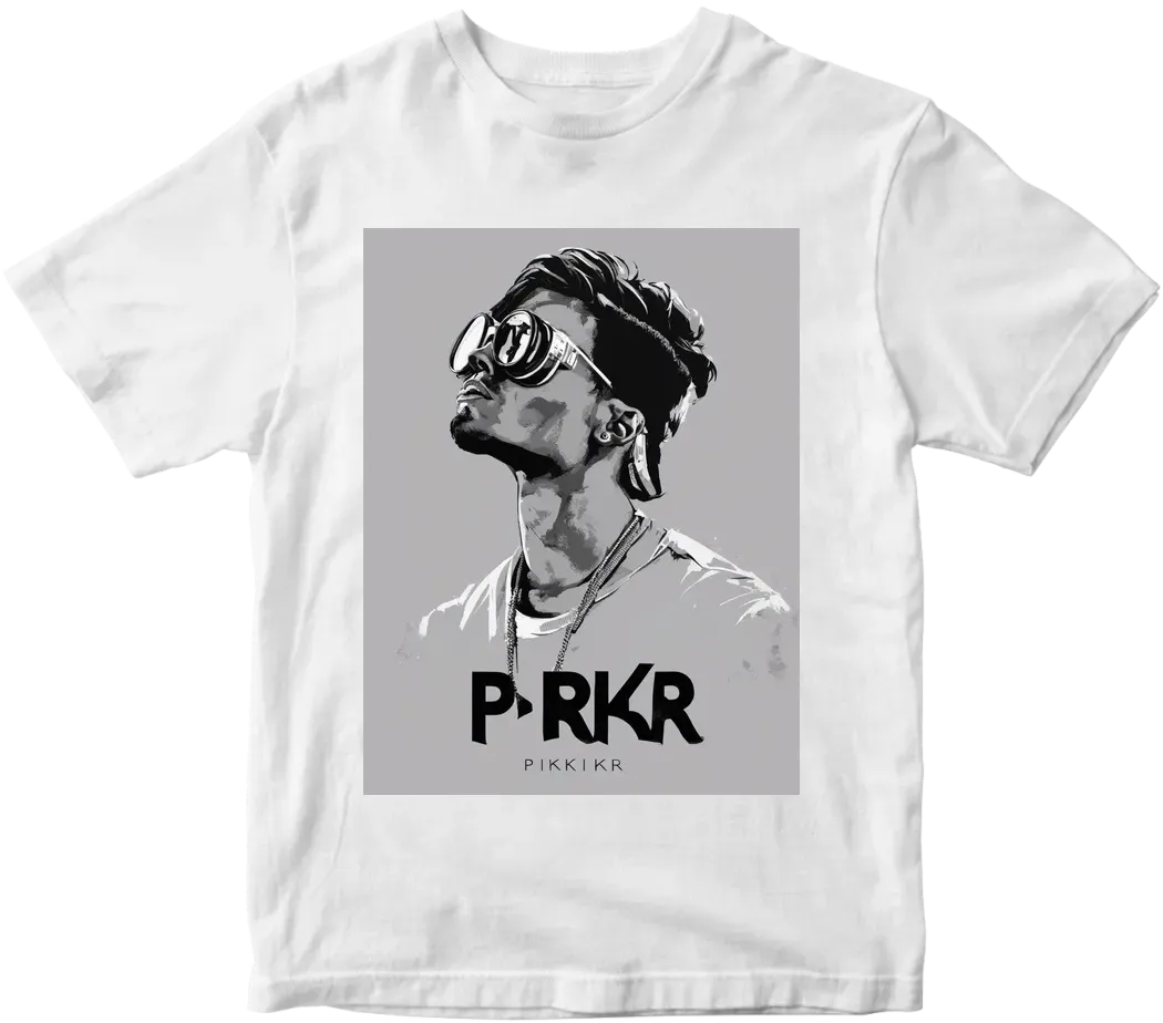 Make cool grey background tshirt with big black letters “PRKR”. Minimalistic but strong dj style