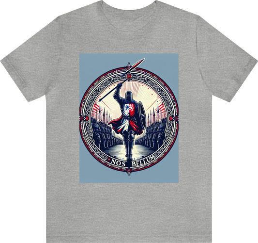 A silhouette of a knight leading an army throwing a javelin at an enemy while wearing red/white/blue with an overall theme of Red and gold using ornate designs to make this most regal. USE "NOS BELLUM" in the artwork. Reduce the background so the art can