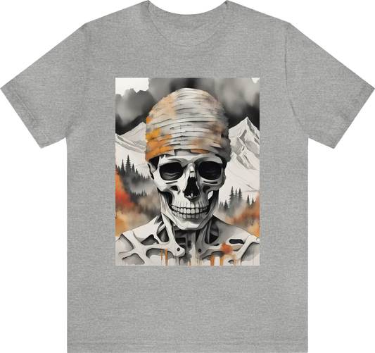 Ector t-shirt design, minimalistic ink drawing style, vanishing point on white paper, mountains and skeletons Double exposure watercolor splash, in black and white, but with only a few autumn color accent, art incorporated as complimentary elements, fashi