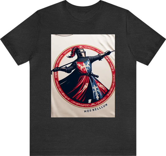A silhouette of a knight throwing a javelin at an enemy while wearing red/white/blue clothing with anoverall theme of Red and gold using ornate designs to make this the most regal shirt ever created. USE "NOS BELLUM" in the artwork. Reduce the background