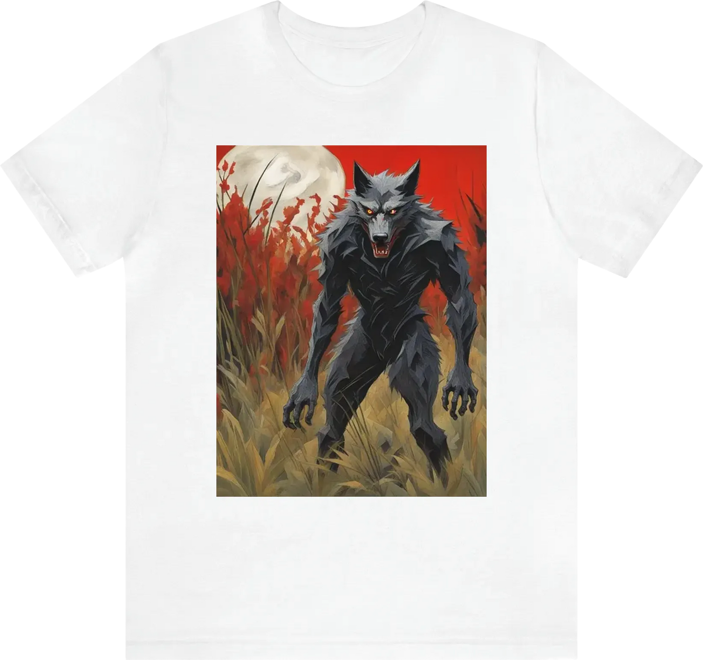 Dogman/werewolf full body standing in tall grass red eyes
