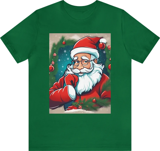 Create a delightful Christmas shirt design centered around Santa Claus. Employ a mix of vector color and line art illustration, emphasizing clean vector lines, flat colors, and smooth gradients. Add interest with gradient contour outlines, vibrant colors,