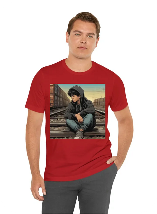 A depressed mexican kid wearing a black hoodie sitting down on the train tracks around warehouses. comic, realistic, 4k, illustrator