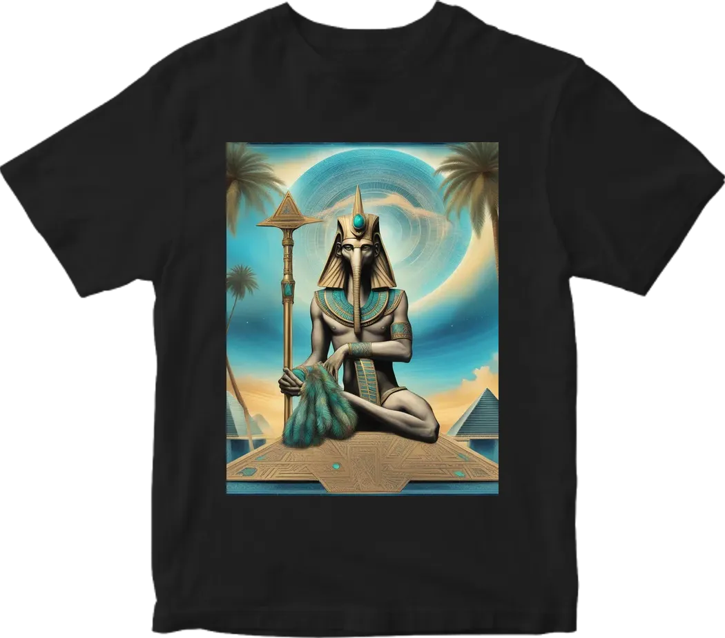Thoth the atlantian in cosmic setting with Pyramids and palm tress and a touch of turquoise blue
