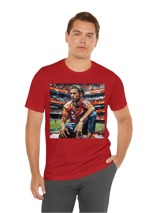 I want a tshirt printed with football fanatic in a football ground watching the game.