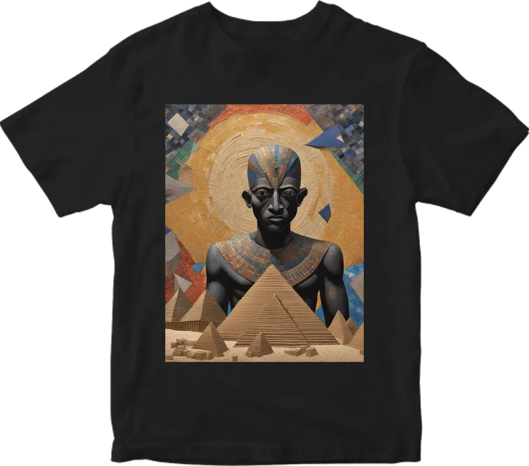 Thoth the atlantian in realistic cosmic deep space setting with Pyramids and palm tress and a touch