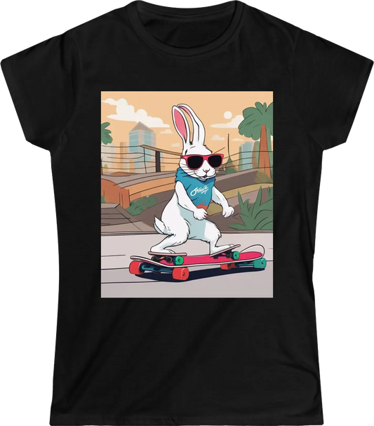 rabbit wearing sunglasses, riding a skateboard, and doing tricks in a skate park.