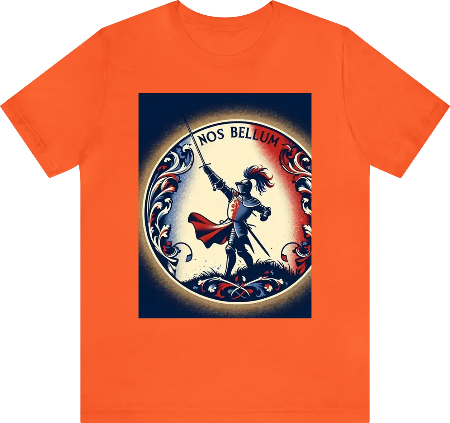 A silhouette of a knight throwing a javelin at an enemy while wearing red/white/blue clothing with anoverall theme of Red and gold using ornate designs to make this the most regal shirt ever created. USE "NOS BELLUM" in the artwork. Reduce the background