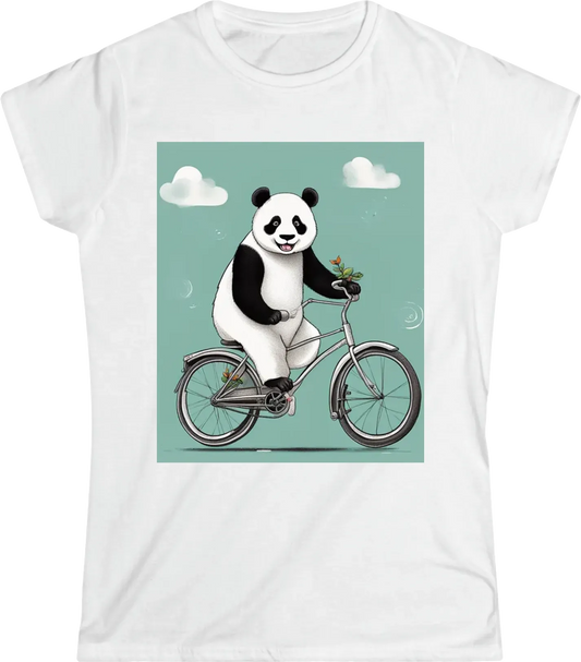 A panda riding a bicycle with a lighthearted phrase.