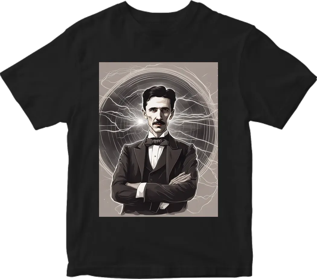 A realistic drawing of Nikola Tesla with lightning around him