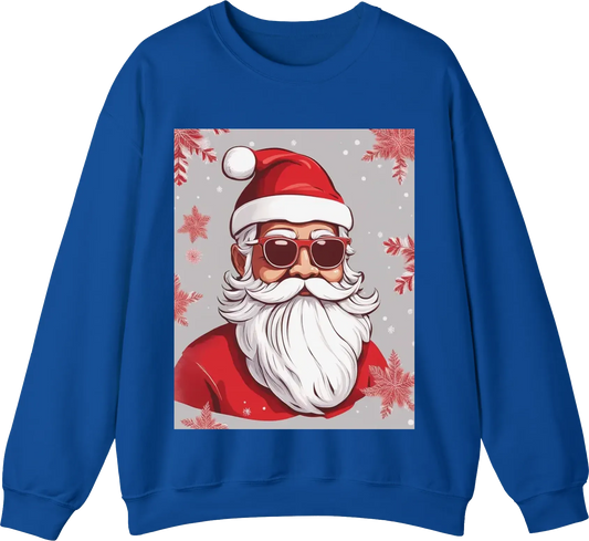 Create A sweatshirt featuring a traditional Santa Claus design with a jolly face and iconic red and white suit.