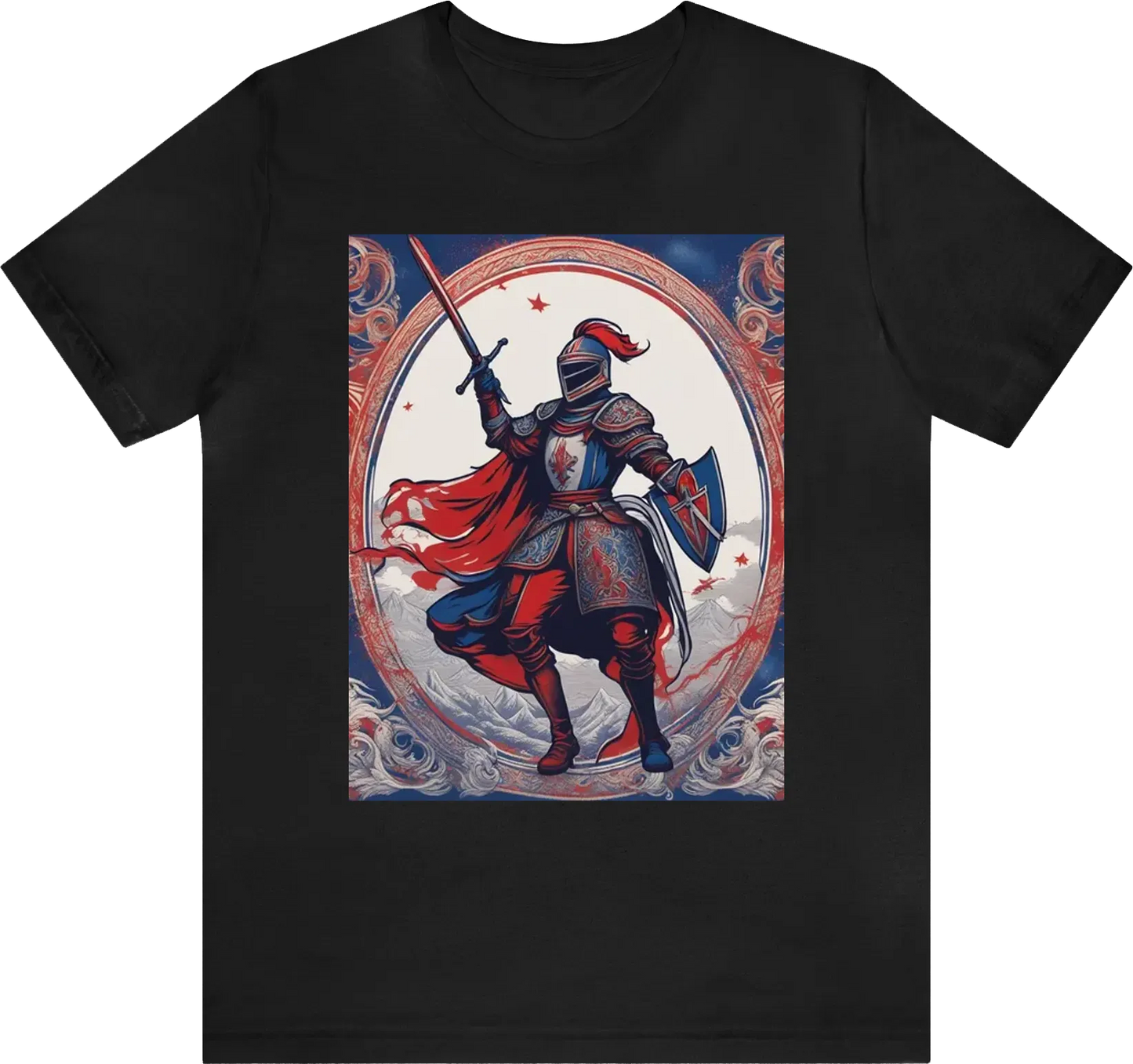 A silhouette of a knight throwing a javelin at an enemy while wearing red/white/blue clothing with anoverall theme of Red and gold using ornate designs to make this the most regal shirt ever created. USE "NOS BELLUM" in the artwork. Reduce the background