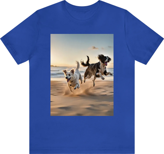 2 dogs running on the beach