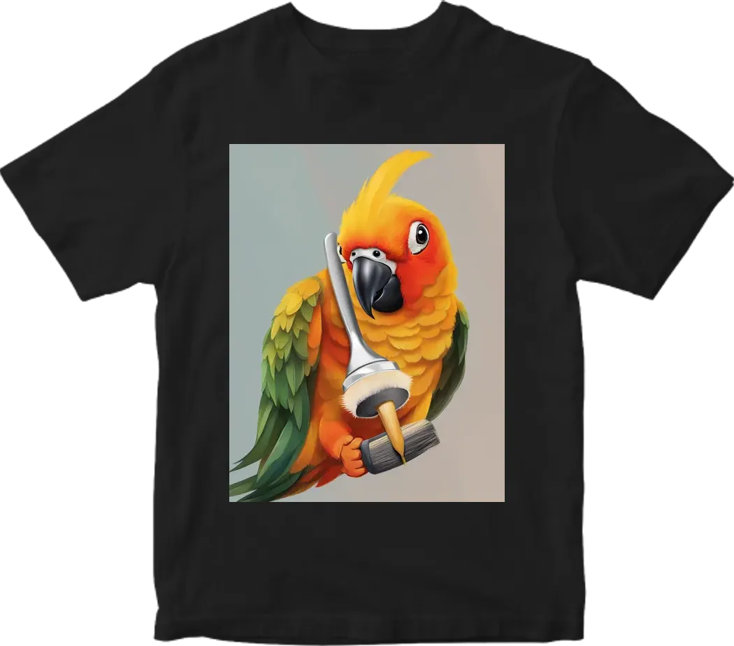 Sun conure holding a paint brush