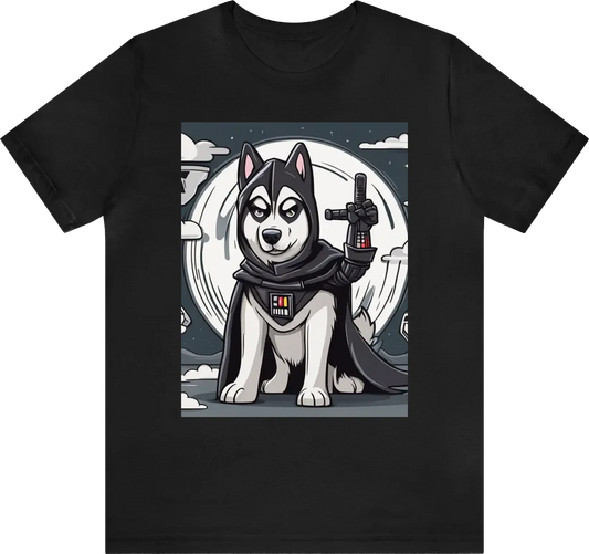 A husky wearing a darth vader costume in a cartoon style